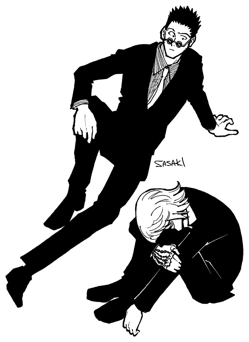 2boys black_hair black_suit chain formal_clothes full_body greyscale hunter_x_hunter jewelry kurapika leorio_paladiknight long_sleeves looking_at_another male_focus monochrome multiple_boys necktie ring sasaki_koguma shirt short_hair simple_background sitting sleeping spiked_hair striped_clothes striped_shirt suit white_background