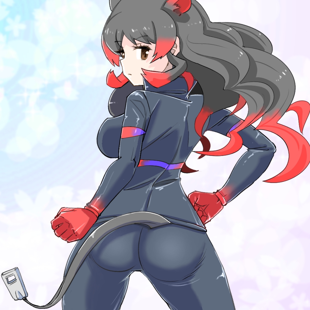 1girl animal_ears ass black_hair black_wetsuit blush bodysuit brown_eyes cowboy_shot diving_suit extra_ears from_behind gloves gradient_hair hair_between_eyes high_collar hippopotamus_(kemono_friends) hippopotamus_ears kemono_friends long_hair msl2go multicolored_hair multicolored_wetsuit red_gloves red_hair red_wetsuit sidelocks solo tail wetsuit