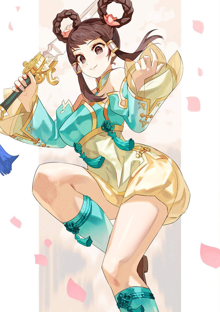 1girl border braid braided_hair_rings breasts brown_eyes brown_footwear brown_hair chinese_clothes closed_mouth commentary_request detached_sleeves falling_petals floating_clothes floating_hair flower gradient_legwear hair_flower hair_ornament hair_rings hair_tubes highres holding holding_sword holding_weapon jian_(weapon) large_breasts leg_up looking_at_viewer lotus petals smile solo soul_calibur soulcalibur soulcalibur_v sword weapon white_border yagi2013 yan_leixia
