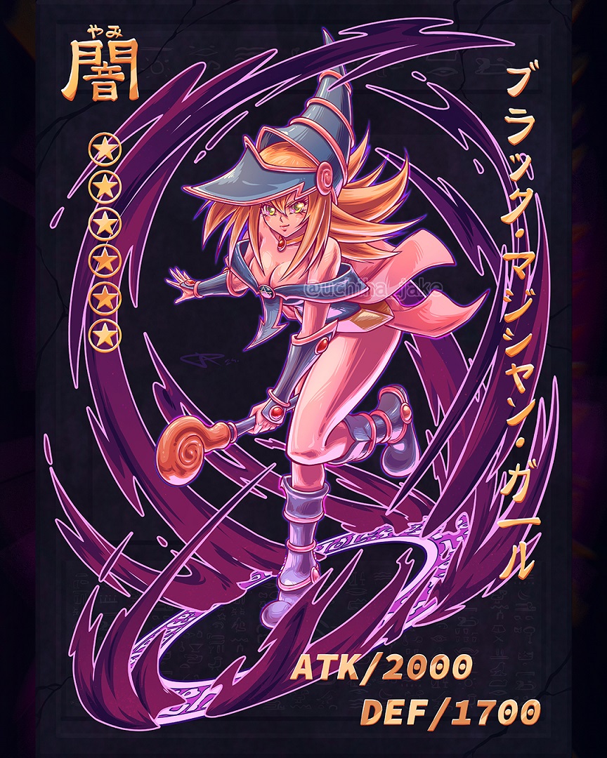 1girl blonde_hair blue_dress blue_hat blush_stickers breasts character_name cleavage dark_magician_girl dress duel_monster full_body green_eyes hat large_breasts solo uchiha_jake yu-gi-oh!