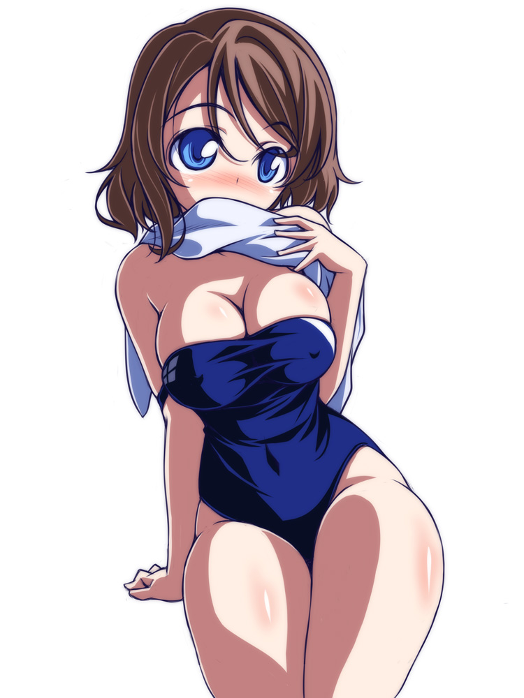 1girl blue_eyes blue_one-piece_swimsuit breasts brown_hair cleavage clothes_pull commentary_request covered_mouth covered_navel kikuchi_tsutomu large_breasts looking_at_viewer love_live! love_live!_sunshine!! off_shoulder one-piece_swimsuit one-piece_swimsuit_pull short_hair simple_background sitting solo swimsuit towel towel_around_neck watanabe_you white_background