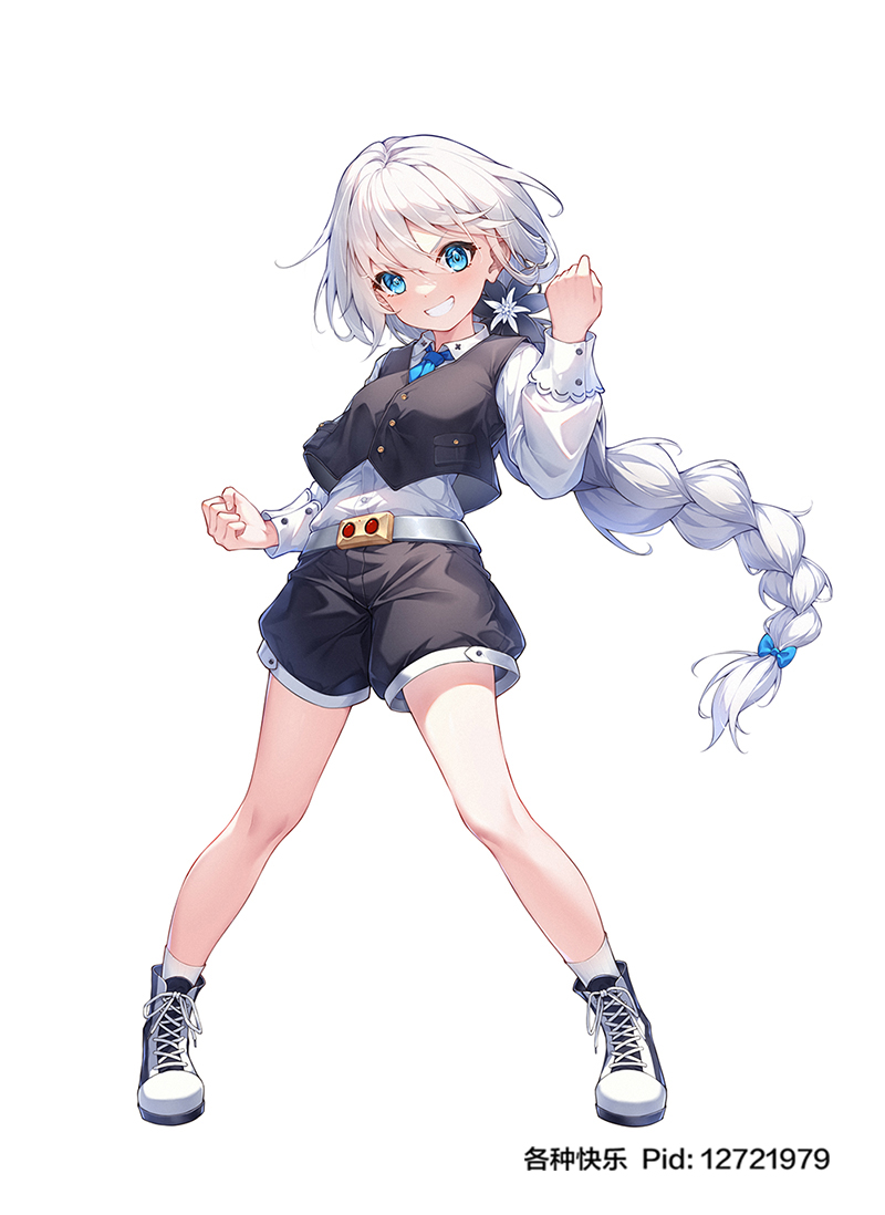 1girl aged_down apc556_(girls&#039;_frontline) belt black_shorts black_vest blue_bow blue_eyes blue_necktie bow clenched_hands collared_shirt commission flower ge_zhong_kuaile girls&#039;_frontline hair_between_eyes hair_bow hair_flower hair_ornament long_hair long_sleeves looking_at_viewer multicolored_shoes necktie open_mouth pixiv_commission pixiv_id pixiv_username shirt shoes shorts simple_background smile socks solo standing vest white_background white_bow white_flower white_hair white_shirt