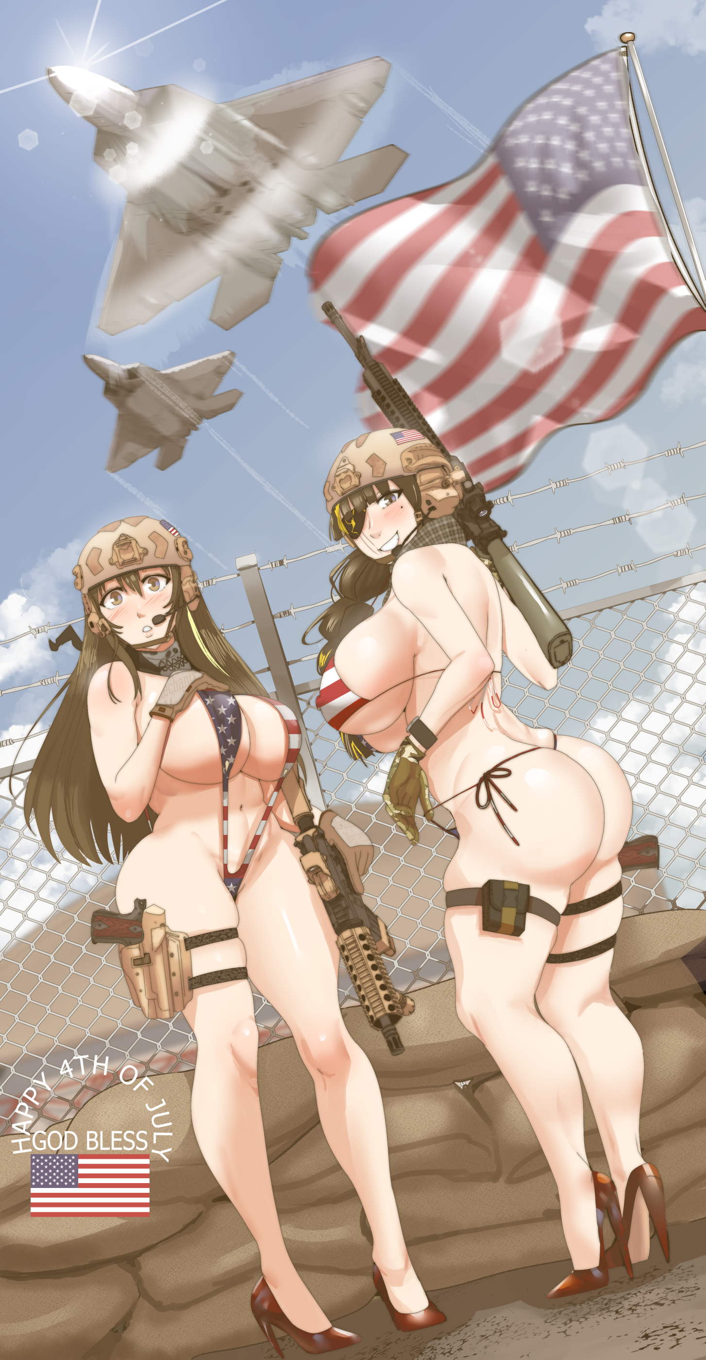 'murica 00sunshineboy 2girls absurdres aircraft airplane american_flag american_flag_bikini american_flag_print assault_rifle barbed_wire bikini blue_sky breasts desert f-22 f-22_raptor fighter_jet flag_print fourth_of_july girls'_frontline glaring gloves gun helmet high_heels highres holster large_breasts looking_at_viewer m16 m16a1_(girls'_frontline) m16a4 m4_carbine m4a1_(girls'_frontline) military_vehicle multiple_girls print_bikini rail_(weapon) rifle sandbag scarf skull_print sky slingshot_swimsuit swimsuit thigh_holster thigh_strap weapon wire_fence