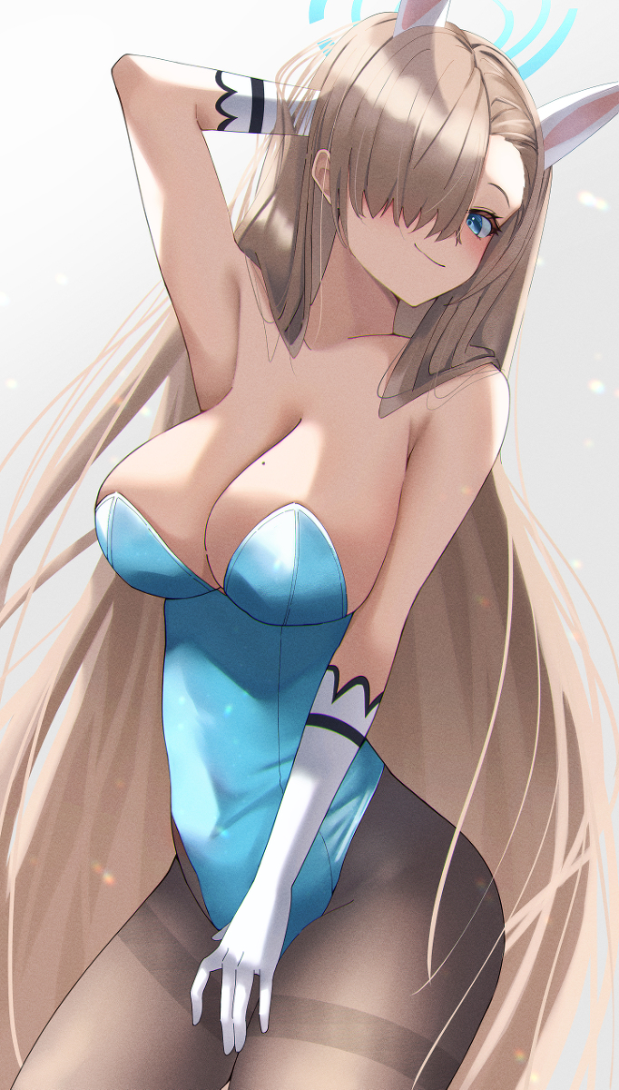 1girl animal_ears asuna_(blue_archive) blonde_hair blue_archive blue_dress blue_eyes blush breasts brown_pantyhose cleavage collarbone dres dress fake_animal_ears from_below gloves groin hair_over_one_eye highres katagiri_nanoka large_breasts leotard long_hair looking_at_viewer pantyhose playboy_bunny rabbit_ears smile solo standing