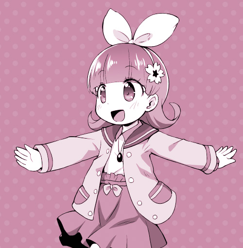 1girl :d blush collared_shirt comiket_88 commentary_request cowboy_shot female_focus flower hair_flower hair_ornament hair_ribbon high-waist_skirt jacket jewelpet_(series) jewelpet_magical_change jewelry long_hair long_sleeves looking_away monochrome open_clothes open_jacket open_mouth outstretched_arms pendant polka_dot polka_dot_background ribbon ruby_(jewelpet) sakurabe_notos sepia shirt skirt smile solo tareme walking