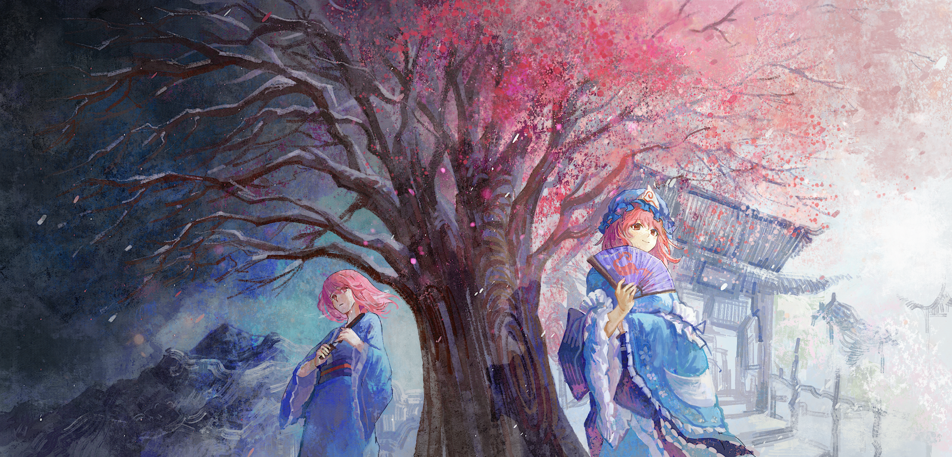 2girls blue_hat blue_skirt cherry_blossoms dual_persona ge_dazuo hand_fan hat highres knife medium_hair mob_cap multiple_girls pink_hair saigyou_ayakashi saigyouji_yuyuko saigyouji_yuyuko_(living) scenery skirt snow touhou tree
