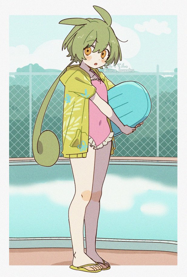1girl alternate_costume bare_legs bodyboard border casual_one-piece_swimsuit corn_kuten covered_navel flat_chest frilled_one-piece_swimsuit frills full_body green_hair hair_between_eyes holding jacket light_blush looking_to_the_side low_ponytail off-shoulder_one-piece_swimsuit off_shoulder one-piece_swimsuit open_mouth pink_one-piece_swimsuit ponytail pool poolside sandals short_sleeves solo swimsuit voicevox white_border yellow_eyes yellow_jacket yellow_sandals zundamon