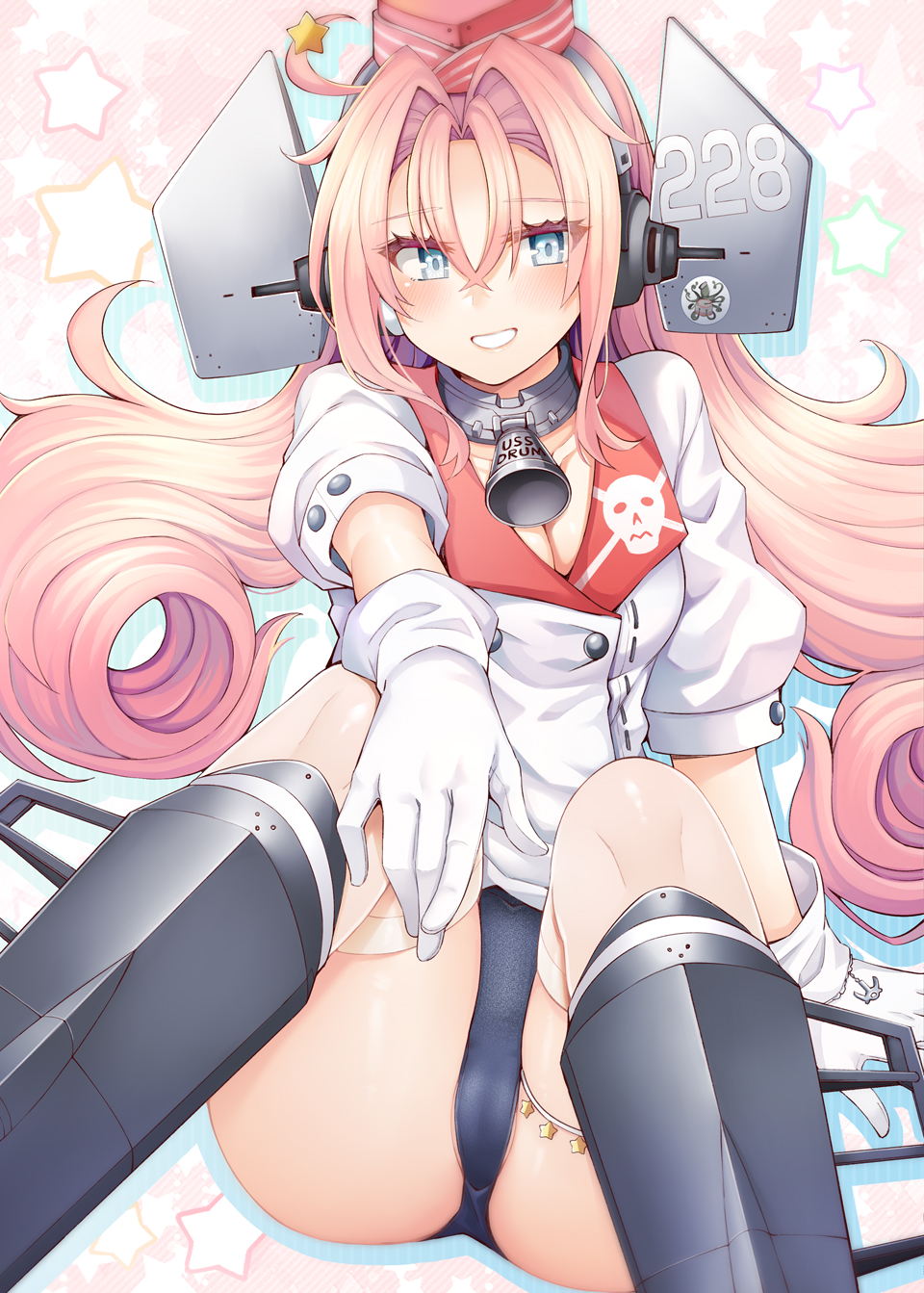 1girl ballet_boots bell black_one-piece_swimsuit breasts cameltoe coat collar drum_(kancolle) garrison_cap gloves grey_eyes hair_ornament hair_rings hat headgear highres kantai_collection long_hair metal_collar neck_bell one-piece_swimsuit pink_hair red_hat rui_shi_(rayze_ray) short_sleeves sitting skull_print small_breasts smile solo star_(symbol) star_hair_ornament star_ornament swimsuit swimsuit_under_clothes very_long_hair white_coat white_gloves
