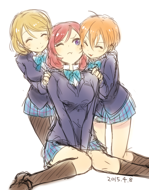 10s 3girls black_hair blonde_hair closed_eyes hoshizora_rin koizumi_hanayo love_live! love_live!_school_idol_project multiple_girls nishikino_maki one_eye_closed orange_hair purple_eyes red_hair school_uniform short_hair simple_background sitting totoben