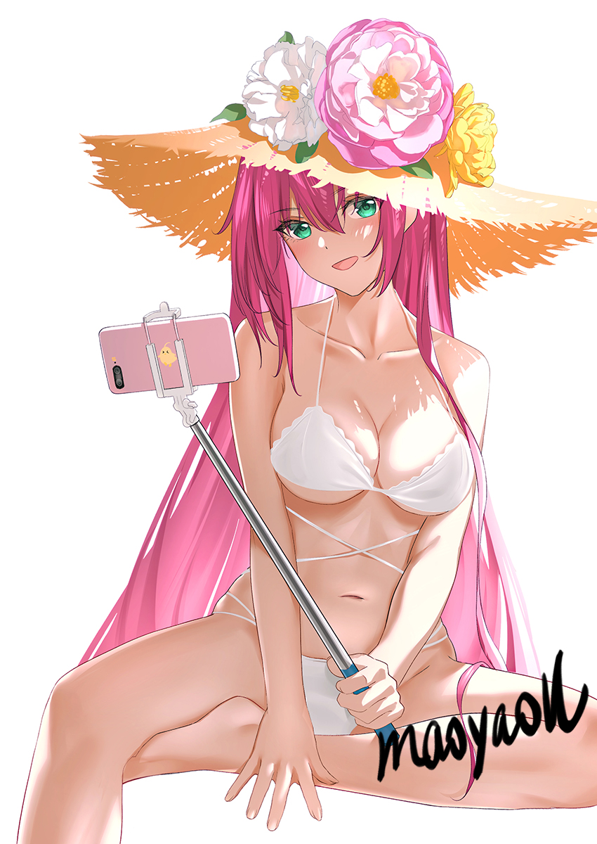 1girl :d azur_lane bare_arms bare_legs bare_shoulders barefoot bikini blush breasts cellphone cleavage collarbone flower green_eyes hat hat_flower highres holding large_breasts looking_at_viewer maoyao-ll navel official_alternate_costume open_mouth phone pink_flower pink_hair selfie_stick short_hair signature sitting smartphone smile solo straw_hat surcouf_(azur_lane) surcouf_(loisirs_balneaires)_(azur_lane) swimsuit white_bikini white_flower yellow_flower yellow_hat
