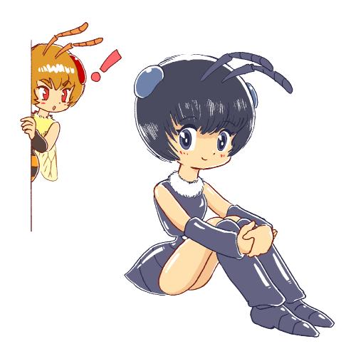 ! 2girls ant ant_girl antennae arthropod_girl brown_hair bug hornet_girl insect lowres monster_girl multiple_girls pukao short_hair simple_background wasp wasp_girl wings