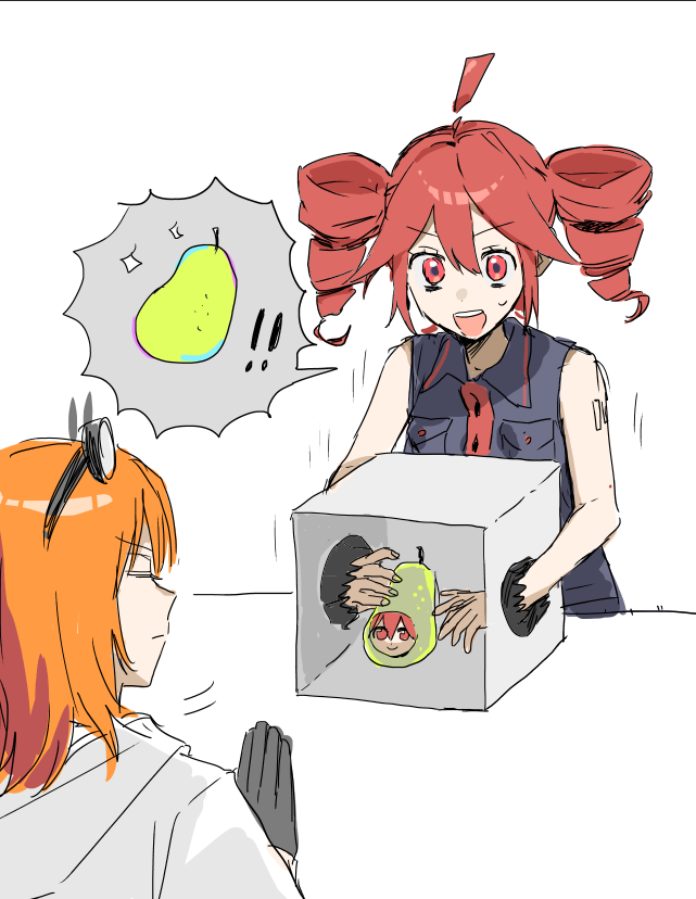 2girls a.i._voice adachi_rei ahoge bare_arms black_shirt box closed_eyes collared_shirt drill_hair food fruit iwashi_(wawaisi_iwasi) kasane_teto kasane_teto_(utau) motion_lines multiple_girls open_mouth orange_hair pear pearto red_eyes red_hair shirt short_hair sleeveless sleeveless_shirt smile sparkle spoken_object sweatdrop twin_drills utau