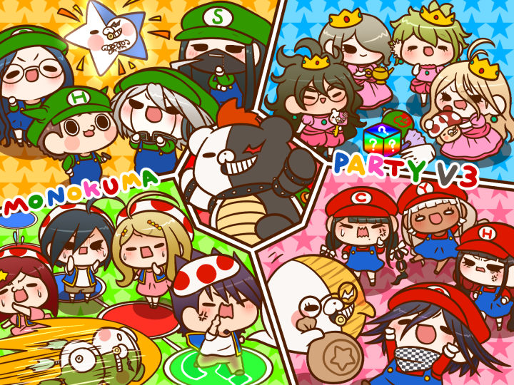 6+boys 6+girls ?_block absurdly_long_hair ahoge akamatsu_kaede amami_rantaro android anger_vein angry ankle_socks antenna_hair aqua_gemstone bag bear black-framed_eyewear black_eyes black_hair black_mask black_scarf blonde_hair blue_dress blue_hair blue_overalls blue_vest blush_stickers bomb bow bowser bowser_(cosplay) brooch brown_footwear brown_hair brown_pants buttons cabbie_hat chabashira_tenko checkered_clothes checkered_scarf cigarette clenched_hands closed_mouth collared_shirt cosplay covered_mouth crown danganronpa_(series) danganronpa_v3:_killing_harmony dark-skinned_female dark_skin dress duster ear_piercing earrings elbow_gloves everyone explosive facial_hair feather_duster flying_sweatdrops furrowed_brow ghost glasses gloves goatee gokuhara_gonta green_hair green_hat green_sleeves grey_hair hair_between_eyes hair_ornament hair_over_one_eye hair_scrunchie hair_through_headwear hand_on_own_cheek hand_on_own_elbow hand_on_own_face hand_on_own_hip hands_on_own_cheeks hands_on_own_face happy harukawa_maki hat high_collar holding holding_bag holding_cigarette holding_key holding_mushroom horned_hat hoshi_ryoma iruma_miu jewelry k1-b0 key light_blush long_dress long_hair long_sleeves looking_at_object low_twintails luigi luigi_(cosplay) mario mario_(cosplay) mario_(series) mario_party mask medium_hair messy_hair middle_finger mini_crown mole mole_under_eye mole_under_mouth momota_kaito money_bag monodam monokid monokuma monophanie monosuke monotaro_(danganronpa) mouth_mask multicolored_background multiple_boys multiple_girls mushroom mushroom_hat nintendo notice_lines oma_kokichi open_mouth overall_dress overalls pants pantyhose parody piercing pink_dress pink_shorts pink_sleeves polka_dot_headwear princess_peach princess_peach_(cosplay) puffy_short_sleeves puffy_shorts puffy_sleeves purple_hair red_hair red_hat red_scrunchie red_shirt red_sleeves robot rocket round_eyewear saihara_shuichi scared scarf scrunchie shaded_face shinguji_korekiyo shirogane_tsumugi shirt shoes short_dress short_hair short_sleeves shorts smile socks solid_oval_eyes sphere_earrings spiked_hair standing star_(symbol) star_hair_ornament star_symbol_background straight_hair sweat sweatdrop t-shirt thick_eyebrows toad_(mario) toad_(mario)_(cosplay) tojo_kirumi triangle_mouth twintails two-tone_scarf unworn_gloves v-shaped_eyebrows very_long_hair vest vest_partially_removed wavy_hair wavy_mouth white_bow white_eyes white_gloves white_hat white_pantyhose white_scarf white_shirt white_sleeves white_socks yellow_crown yonaga_angie yumaru_(marumarumaru) yumeno_himiko zipper zipper_pull_tab