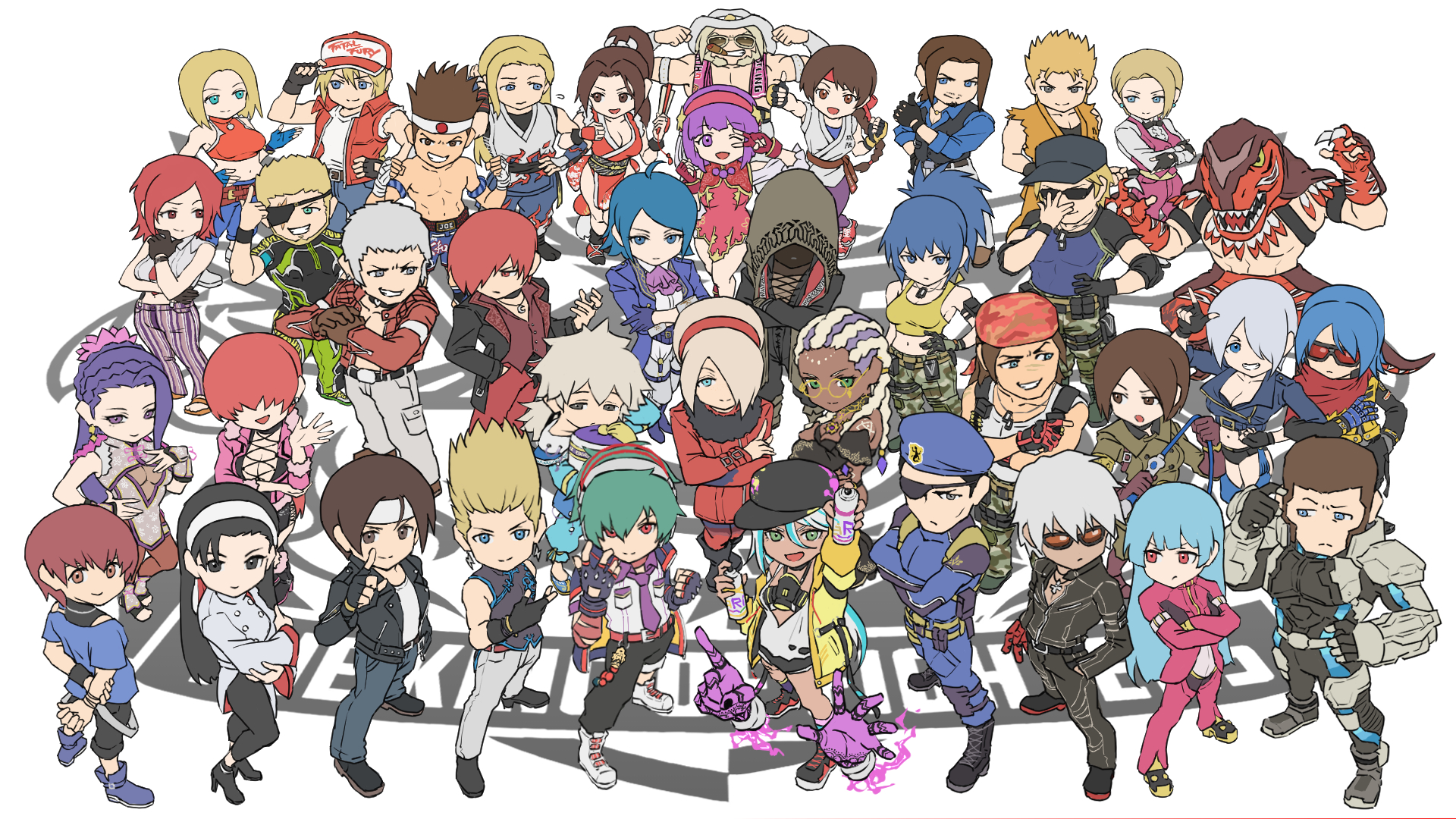 6+boys 6+girls andy_bogard angel_(kof) antonov_(kof) asamiya_athena ash_crimson black_hair blonde_hair blue_eyes blue_hair blue_mary breasts brown_hair chris_(kof) clark_still cleavage dolores_(kof) elisabeth_blanctorche eyepatch fatal_fury glasses gloves green_hair hair_over_eyes hair_over_one_eye hat heidern highres isla_(kof) joe_higashi k'_(kof) k9999 kagura_chizuru king_(snk) king_of_dinosaurs krohnen kukri_(kof) kula_diamond kusanagi_kyou leona_heidern luong matching_hair/eyes maxima meitenkun midriff mature_female multiple_boys multiple_girls nanakase_yashiro navel nikaidou_benimaru purple_eyes purple_hair ralf_jones ramon_(kof) red_eyes red_hair robert_garcia ryou_sakazaki ryuuko_no_ken shermie_(kof) shiranui_mai shun'ei snk terry_bogard the_king_of_fighters the_king_of_fighters_xv vanessa_(kof) whip_(kof) yagami_iori yuri_sakazaki