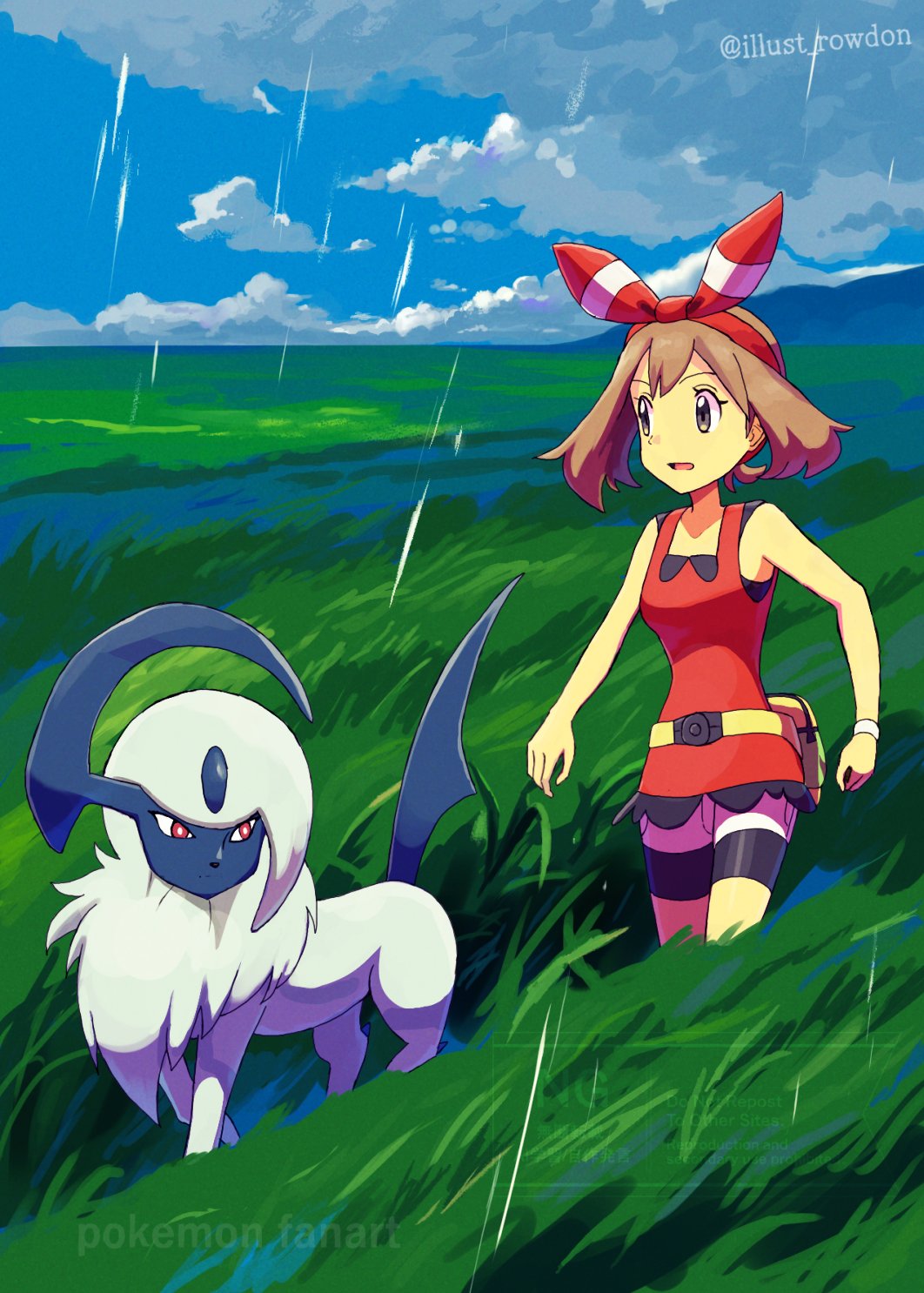 1girl absol bare_shoulders bike_shorts bike_shorts_under_shorts black_shorts bow brown_hair cloud cloudy_sky fanny_pack gen_3_pokemon grass hair_bow highres may may_(pokemon) nintendo open_mouth outdoors pokemon pokemon_(creature) pokemon_oras rain red_bow red_shirt rowdon shirt shorts sky sleeveless sleeveless_shirt tall_grass twitter_username white_shorts