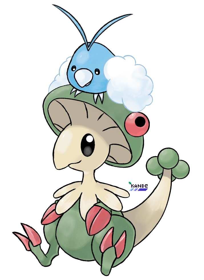 animal_focus artist_name bird black_eyes breloom closed_mouth commentary english_commentary full_body gen_3_pokemon kandelier nintendo no_humans official_style on_head pokemon pokemon_(creature) pokemon_on_head signature simple_background sitting smile swablu white_background