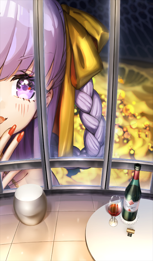 1girl bb_(fate) bb_dubai_(fate) blush bottle braid commentary_request cup drink drinking_glass fang fate/grand_order fate_(series) fingernails from_inside giant giantess hair_ribbon hair_rings hand_on_own_chin long_hair looking_at_viewer official_art open_mouth purple_eyes purple_hair red_nails ribbon skin_fang smile solo table tatsuyo third-party_source v-shaped_eyebrows window wine_bottle wine_glass yellow_ribbon