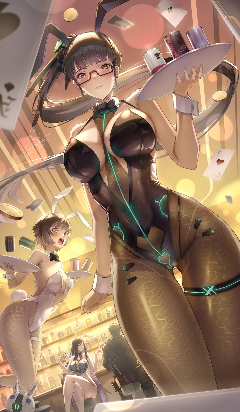 1boy 3girls ace_(playing_card) ace_of_hearts ace_of_spades adam_(stellar_blade) animal_ears bar_(place) black_bow black_bowtie black_hair black_leotard blunt_bangs bow bowtie breasts brown_eyes brown_hair brown_pantyhose can card commentary crossed_legs detached_collar drone english_commentary eve_(stellar_blade) fake_animal_ears fake_tail fishnet_pantyhose fishnets gainoob heart highres holding holding_tray indoors large_breasts leotard lily_(stellar_blade) long_hair looking_at_viewer making-of_available medium_breasts multiple_girls on_stool pantyhose playboy_bunny playing_card ponytail rabbit_ears rabbit_tail raven_(stellar_blade) semi-rimless_eyewear short_hair signature smile spade_(shape) stellar_blade tail thigh_strap tray tripping very_long_hair white_leotard white_pantyhose