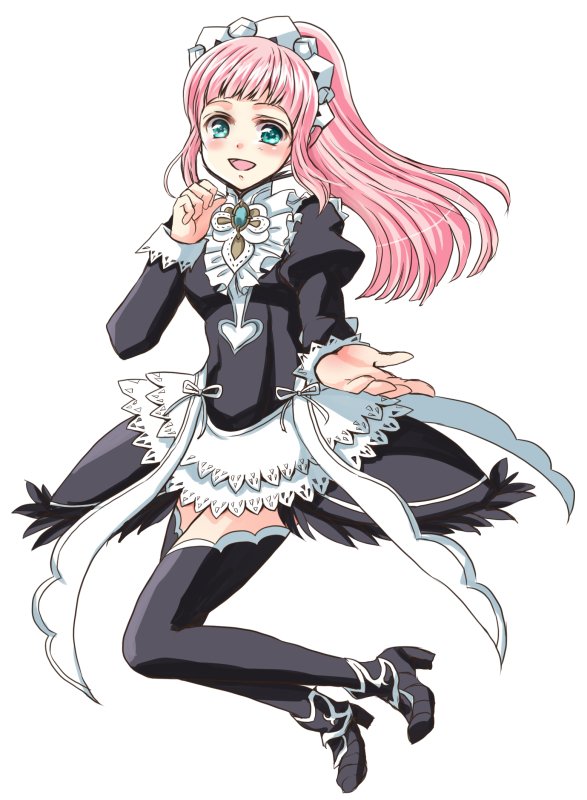 1girl apron blue_eyes breasts bridal_gauntlets chiaki_hiyama feather_trim felicia_(fire_emblem) fire_emblem fire_emblem_fates long_sleeves looking_at_viewer maid maid_apron maid_headdress medium_breasts nintendo nohrian_maid_uniform open_mouth pink_hair ponytail smile solo