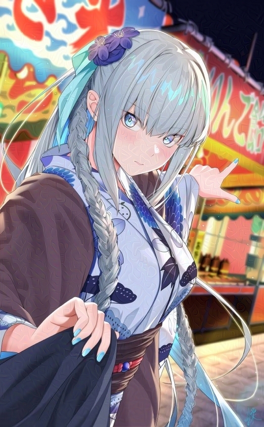 1girl adversarial_noise black_kimono blue_bow blue_eyes bow braid breasts fate/grand_order fate_(series) floral_print flower grey_hair hair_bow hair_flower hair_ornament japanese_clothes kimono large_breasts long_hair looking_at_viewer morgan_le_fay_(fate) morgan_le_fay_(fgo_fes._2023)_(fate) obi ponytail sash sidelocks solo urato_hotaru very_long_hair white_kimono