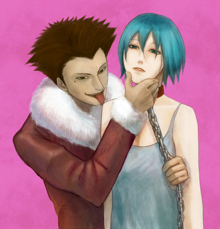 1boy 1girl :p aaaa_(11000111) aqua_hair arm_around_waist bare_shoulders breasts brown_eyes brown_hair brown_jacket chain cleavage collar dress fur_trim grabbing_another&#039;s_chin grey_dress hair_between_eyes hand_on_another&#039;s_chin jacket jitome linda_(linda_cube) linda_cube lipstick long_sleeves looking_at_viewer makeup mole mole_under_eye neku_(linda_cube) parted_bangs parted_lips purple_background short_hair simple_background sleeveless sleeveless_dress spiked_hair tongue tongue_out upper_body