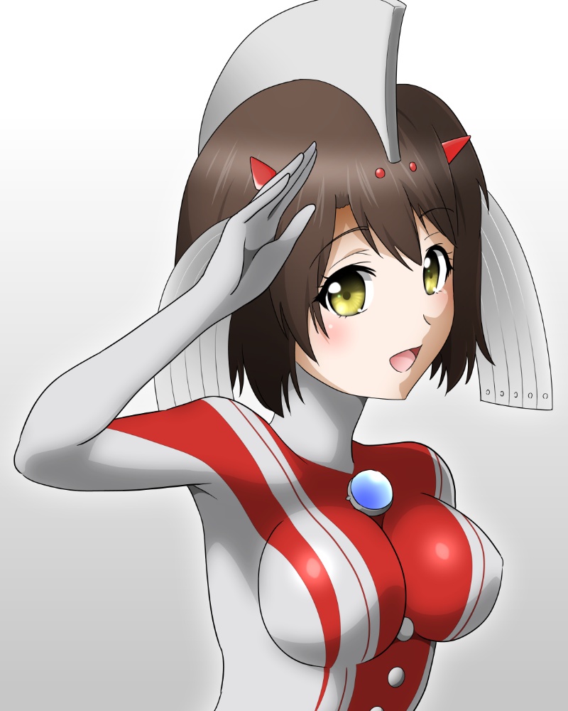 1girl :d aiueo8371 blush bob_cut bodysuit breasts brown_hair buttons color_timer commentary cosplay dorsal_fin gradient_background hair_between_eyes hair_ornament hairclip hand_on_own_head hand_up headgear large_breasts looking_at_viewer mother_of_ultra mother_of_ultra_(cosplay) multicolored_bodysuit open_mouth red_bodysuit salute sayama_rena short_hair silver_bodysuit smile solo tokusatsu two-tone_bodysuit ultra_series ultraman_(hero&#039;s_comics) upper_body white_background yellow_eyes
