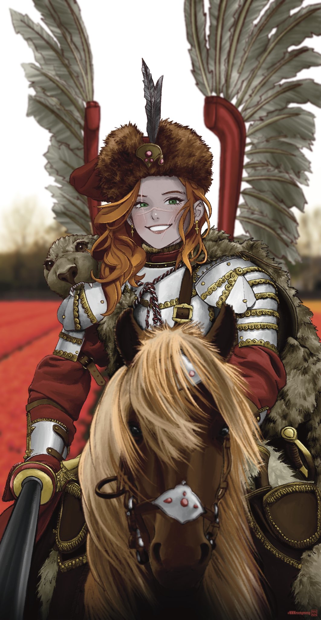 1girl armor artist_logo cape cross cross_earrings earrings field flower flower_field fur_cape green_eyes highres holding holding_weapon horse horseback_riding hussar jewelry lance logo long_hair looking_at_viewer multiple_scars nnnmengmeng open_mouth original plate_armor polearm polish_clothes red_hair red_shirt riding scar scar_across_eye scar_on_face shirt shoulder_armor smile sword teeth tree weapon winged_hussar