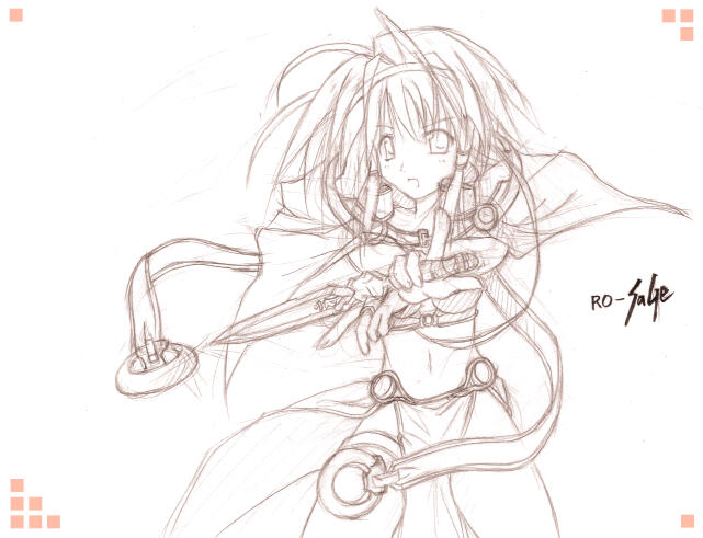 1girl 2000s_(style) antenna_hair bad_id capelet character_name copyright_name cowboy_shot dagger hairband holding holding_dagger holding_knife holding_weapon knife long_hair looking_at_viewer navel open_mouth pelvic_curtain ragnarok_online sage_(ragnarok_online) simple_background sketch skirt solo tokita weapon