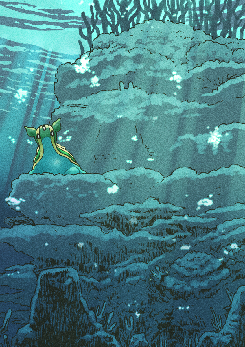black_eyes bright_pupils commentary_request coral from_below game_freak gastrodon gen_4_pokemon highres light_rays looking_at_viewer looking_down nintendo no_humans oumi_mizu pokemon pokemon_(creature) pokemon_focus solo underwater white_pupils