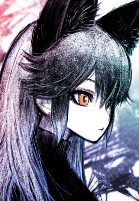 1girl animal_ear_fluff animal_ears black_sweater closed_mouth extra_ears fox_ears fox_girl grey_hair ise_(0425) kemono_friends long_hair orange_eyes profile silver_fox_(kemono_friends) simple_background solo straight_hair sweater upper_body