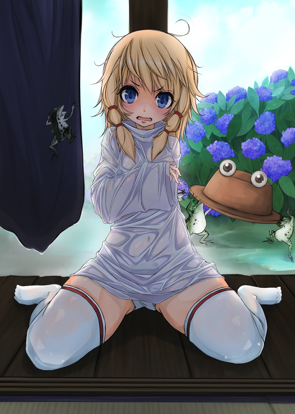 1girl blonde_hair blue_eyes female_focus flower frog hair_ribbon hat highres hydrangea long_sleeves looking_at_viewer maru-pen moriya_suwako nearly_naked_shirt no_pants open_mouth panties pantyshot ribbon shirt sitting solo thighhighs touhou underwear unworn_hat unworn_headwear veranda wariza wavy_mouth white_panties white_thighhighs wide_sleeves
