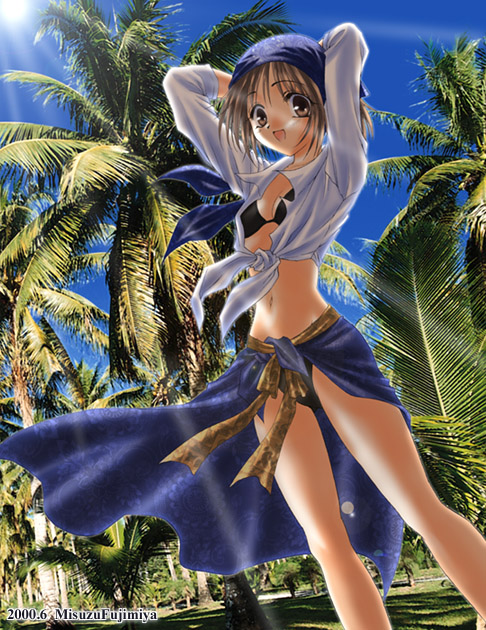 1girl 2000 2000s_(style) :d archived_source arms_behind_head arms_up artist_name bikini black_bikini blue_headscarf blue_sarong blue_sky breasts brown_eyes brown_hair clear_sky cleavage day feet_out_of_frame fujimiya_misuzu grass headscarf legs_apart light_rays navel open_mouth original outdoors palm_tree photo_background sarong shirt short_hair sky small_breasts smile solo standing sun swimsuit tied_shirt tree white_shirt wind wind_lift