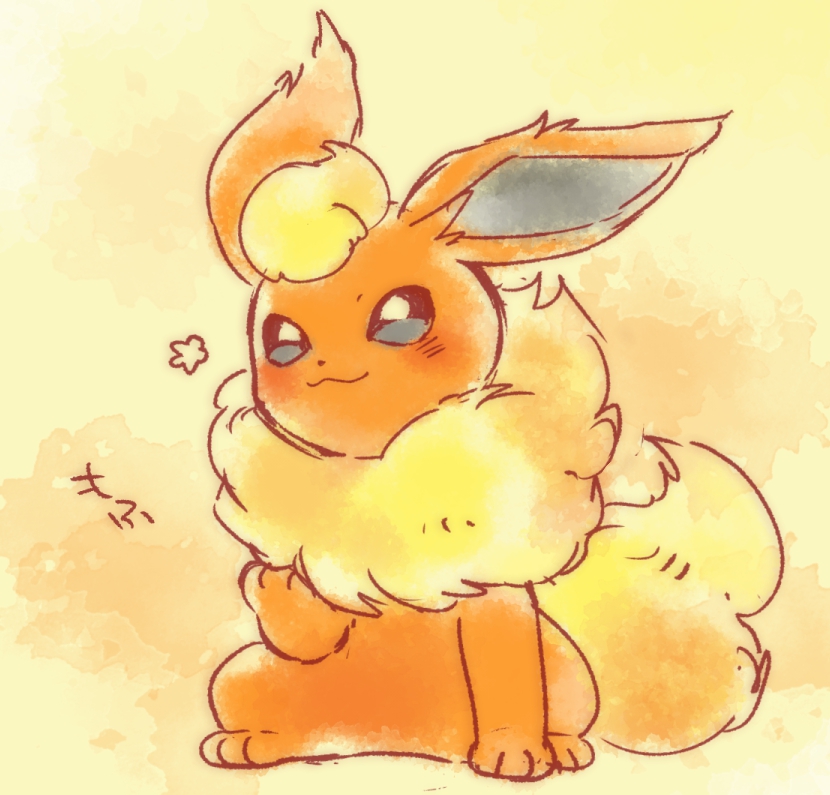animal_focus blonde_hair blue_eyes flareon gen_1_pokemon nintendo no_humans pokemon pokemon_(creature) sitting smile solo tansho