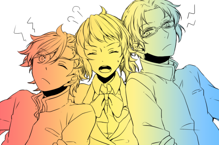10s 1girl 2boys bad_id bad_pixiv_id blazer closed_eyes gakuran glasses gundam gundam_build_fighters gundam_build_fighters_try hoshino_fumina jacket kamiki_sekai kousaka_yuuma multiple_boys one_eye_closed s_dmrng school_uniform shukure_(dammerung)