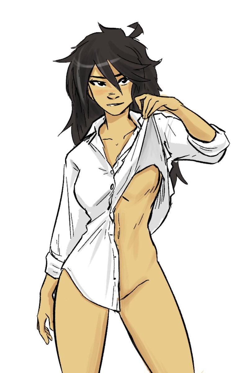 1girl bottomless buttons cassandra_(spicymancer) clothes_lift highres partially_unbuttoned shirt shirt_lift spicymancer white_background white_shirt