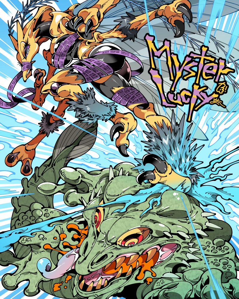 1girl animal_feet animal_legs arthropod_girl ass breasts claws colored_sclera extra_arms grey_eyes insect_wings kafun kicking long_eyelashes monster open_mouth original purple_sclera sharp_teeth tagme teeth tongue tongue_out wings