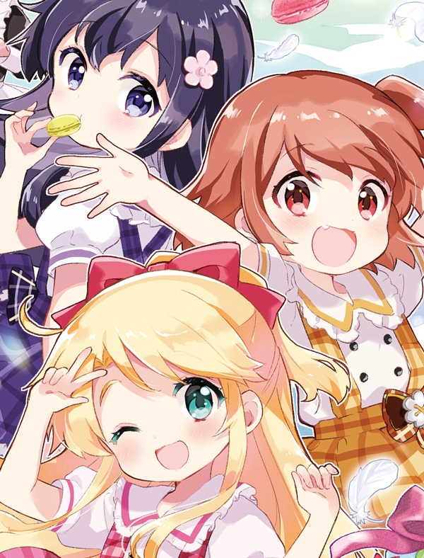 3girls black_hair blonde_hair bow bpurple_hair buttons child collared_shirt colored_eyelashes commentary_request double-breasted eating feathers flower food_request green_eyes hair_bow hair_flower hair_ornament hands_up hara_yui high_side_ponytail himesaka_noa hoshino_hinata matching_outfits merchandise_available multiple_girls official_art orange_eyes orange_hair overalls plaid_clothes plaid_overalls ponytail puffy_short_sleeves puffy_sleeves purple_eyes purple_overalls red_bow red_overalls shirosaki_hana shirt short_sleeves sidelocks w watashi_ni_tenshi_ga_maiorita! yellow_overalls