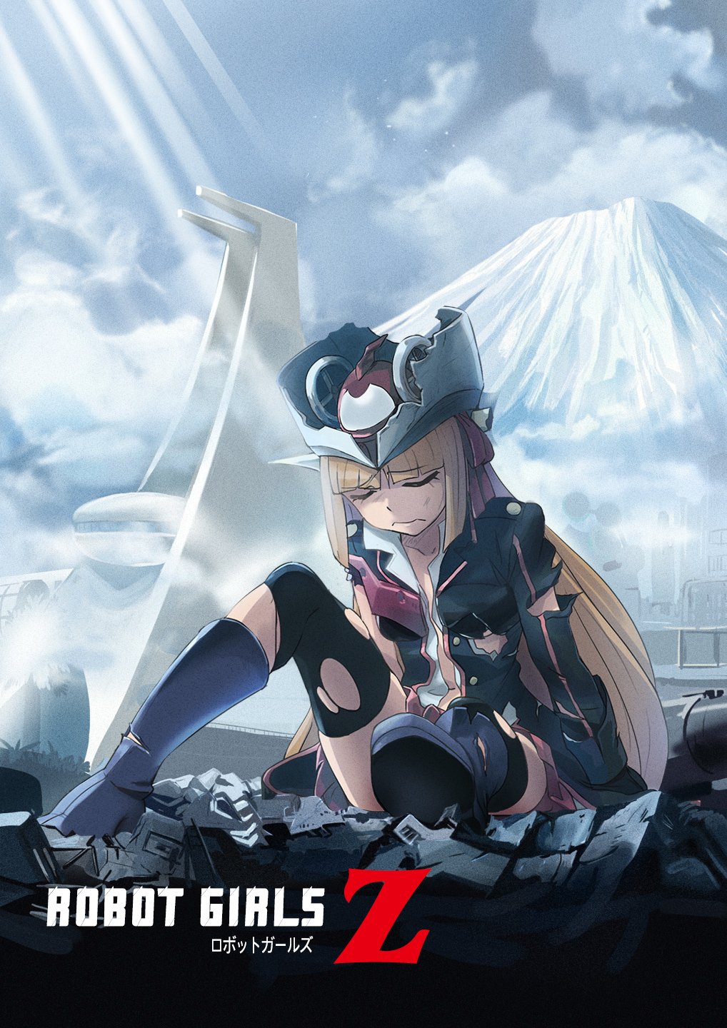 1girl black_thighhighs breasts brown_hair closed_mouth haruyama_kazunori highres long_hair mazinger_(series) mazinger_z mazinger_z:_infinity mountain navel parody pleated_skirt robot_girls_z skirt solo thighhighs z-chan