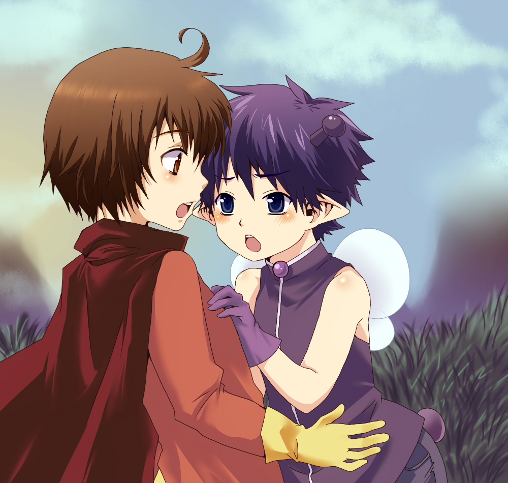 2boys ahoge anpanman anpanman_(character) baikinman blue_sky blush brown_eyes child cloud male_focus multiple_boys oginy outdoors short_hair sky tagme yaoi