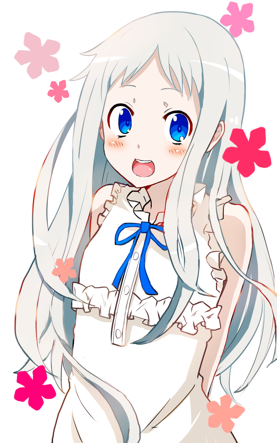1girl ano_hi_mita_hana_no_namae_wo_bokutachi_wa_mada_shiranai. arms_behind_back blue_bow blue_eyes blush bow dress flower flower_print grey_hair happy highres honma_meiko itoshiki_eru long_hair open_mouth ribbon smile white_background white_hair