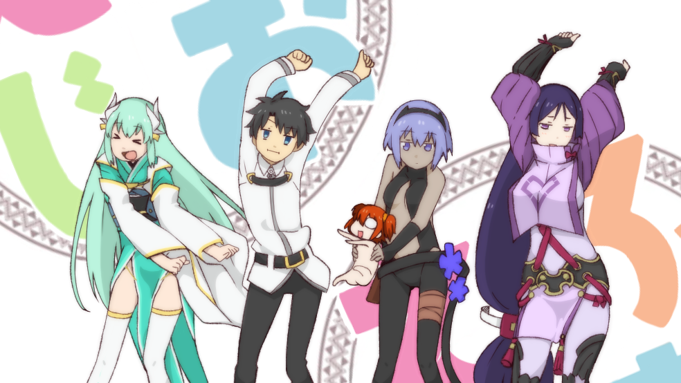 &gt;_&lt; 1boy 4girls :i arms_up breasts chibi chibi_inset closed_eyes dancing dark-skinned_female dark_skin fate/grand_order fate/prototype fate/prototype:_fragments_of_blue_and_silver fate_(series) fujimaru_ritsuka_(female) fujimaru_ritsuka_(male) hassan_of_serenity_(fate) i.u.y kiyohime_(fate) kono_subarashii_sekai_ni_shukufuku_wo! large_breasts long_hair looking_at_viewer low-tied_long_hair minamoto_no_raikou_(fate) multiple_girls parody pelvic_curtain short_hair small_breasts style_parody title_parody tomorrow_(konosuba) trait_connection very_long_hair