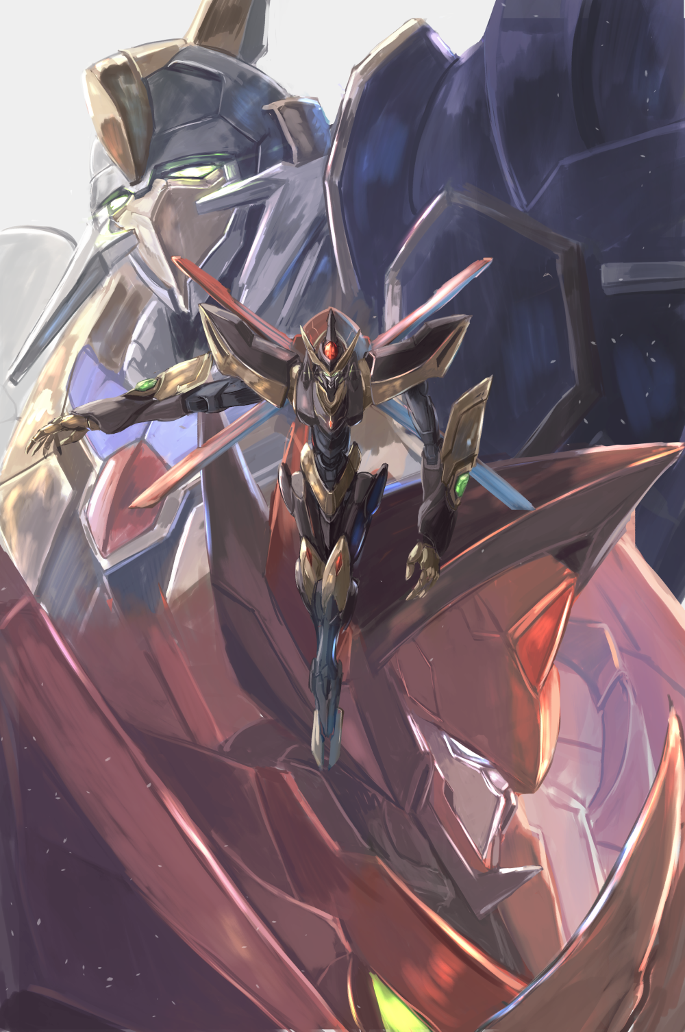 code_geass code_geass:_fukkatsu_no_lelouch crossed_legs flying guren_(code_geass) guren_mk-ii guren_type_special highres lancelot_(code_geass) lancelot_sin looking_to_the_side looking_up mecha mechanical_wings no_humans open_hand outstretched_arm robot shinkirou solo_focus uutan_(shibainu_kakumei) wings