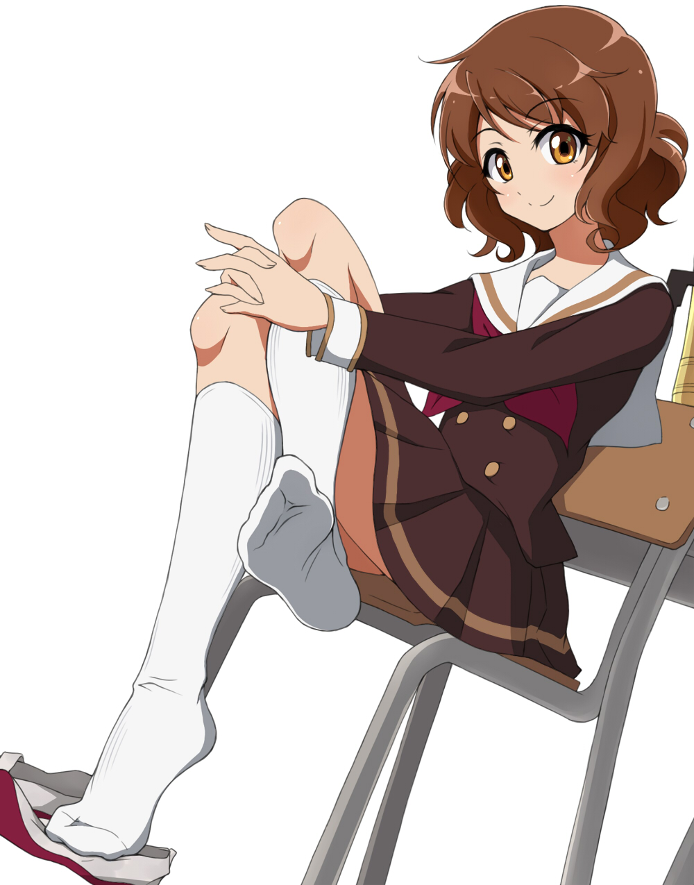 10s 1girl bad_id bad_pixiv_id brown_eyes brown_hair chair feet female_focus hibike!_euphonium highres kitauji_high_school_uniform kneehighs neckerchief nel-c oumae_kumiko red_neckerchief school_uniform serafuku shoes short_hair sitting skirt socks soles solo unworn_shoes uwabaki wavy_hair white_socks
