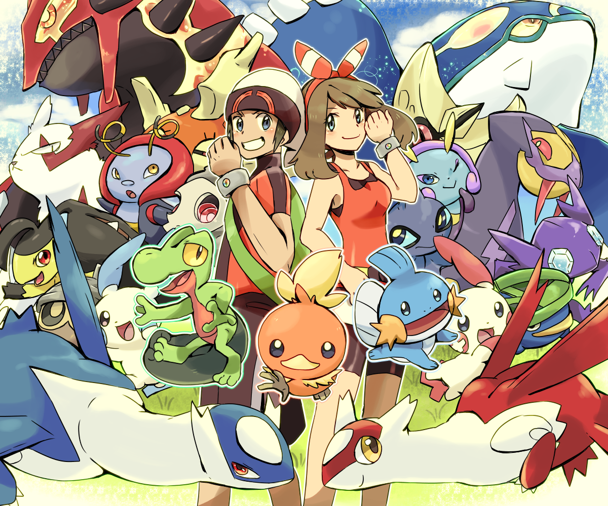 1boy 1girl breasts brendan_(pokemon) brown_hair creature duskull frown gen_3_pokemon grey_eyes grin groudon illumise kyogre latias latios legendary_pokemon looking_at_viewer lotad lunatone mawile may_(pokemon) minun mizuto_(o96ap) mudkip nintendo one_eye_closed plusle pokemon pokemon_(creature) pokemon_oras primal_groudon primal_kyogre sableye seedot seviper shuppet small_breasts smile solrock starter_pokemon_trio torchic treecko volbeat white_headwear yellow_eyes zangoose