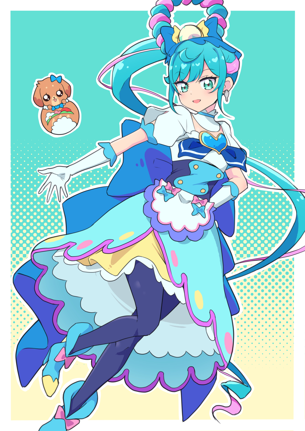1girl :d back_bow blue_bow blue_dress blue_hair blue_pantyhose blue_theme bow brooch cbgb cure_spicy delicious_party_precure dress foot_out_of_frame fuwa_kokone gloves green_eyes hair_bow hair_rings hand_on_own_hip heart heart_brooch highres jewelry long_hair looking_at_viewer magical_girl medium_dress open_mouth pam-pam pantyhose precure side_ponytail single_hair_ring smile solo standing very_long_hair white_gloves