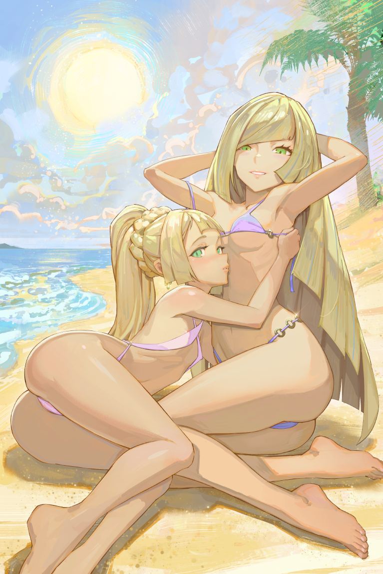 2girls arms_up ass beach bikini blonde_hair breasts ear_piercing earrings feet green_eyes jewelry lillie_(pokemon) long_hair lusamine_(pokemon) mature_female mother_and_daughter multiple_girls nintendo palm_tree piercing pink_slingshot_swimsuit pokemon pokemon_sm ponytail purple_bikini sand slingshot_swimsuit small_breasts sun swimsuit thighs tree yugen99