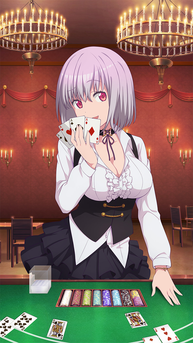 1girl ace_(playing_card) black_choker black_skirt blackjack_table bodice bracelet breasts buttons candelabra candlestand card casino center_frills chair chandelier choker cleavage club_(shape) collared_shirt diamond_(shape) four_of_a_kind_(poker) frilled_shirt frilled_skirt frills game_cg gridman_universe heart highres holding holding_card indoors jack_(playing_card) jewelry king_(playing_card) large_breasts long_sleeves neck_ribbon official_art open_mouth pink_hair playing_card poker_chip purple_ribbon raised_eyebrow red_eyes ribbon shinjou_akane shirt short_hair skirt smile solo spade_(shape) ssss.gridman table third-party_source white_shirt