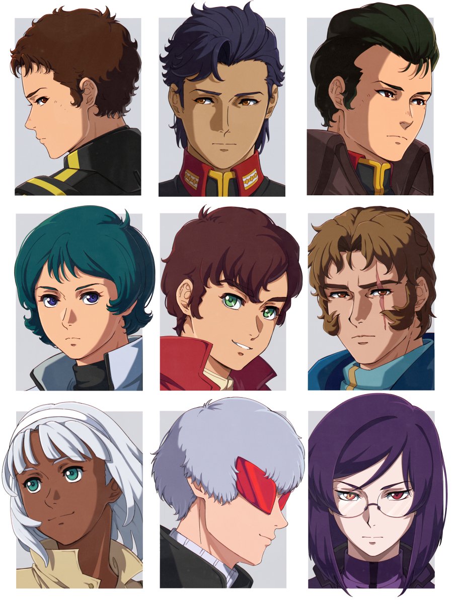 6+boys after_war_gundam_x black_hair blue_eyes bright_noa brown_eyes brown_hair char&#039;s_counterattack closed_mouth dark-skinned_male dark_skin earth_federation enelous expressionless glasses green_eyes green_hair grey_hair grin gundam gundam_00 gundam_hathaway&#039;s_flash gundam_zz hairband harry_ord hathaway_noa heterochromia highres jamil_neate judau_ashta kamille_bidan kenneth_sleg looking_at_viewer looking_to_the_side looking_up loran_cehack male_focus medium_hair military_uniform multiple_boys profile purple_hair red-tinted_eyewear red_eyes scar scar_across_eye scar_on_face short_hair sideways_glance smile split_mouth sunglasses tieria_erde tinted_eyewear turn_a_gundam white_hairband yellow_eyes zeta_gundam