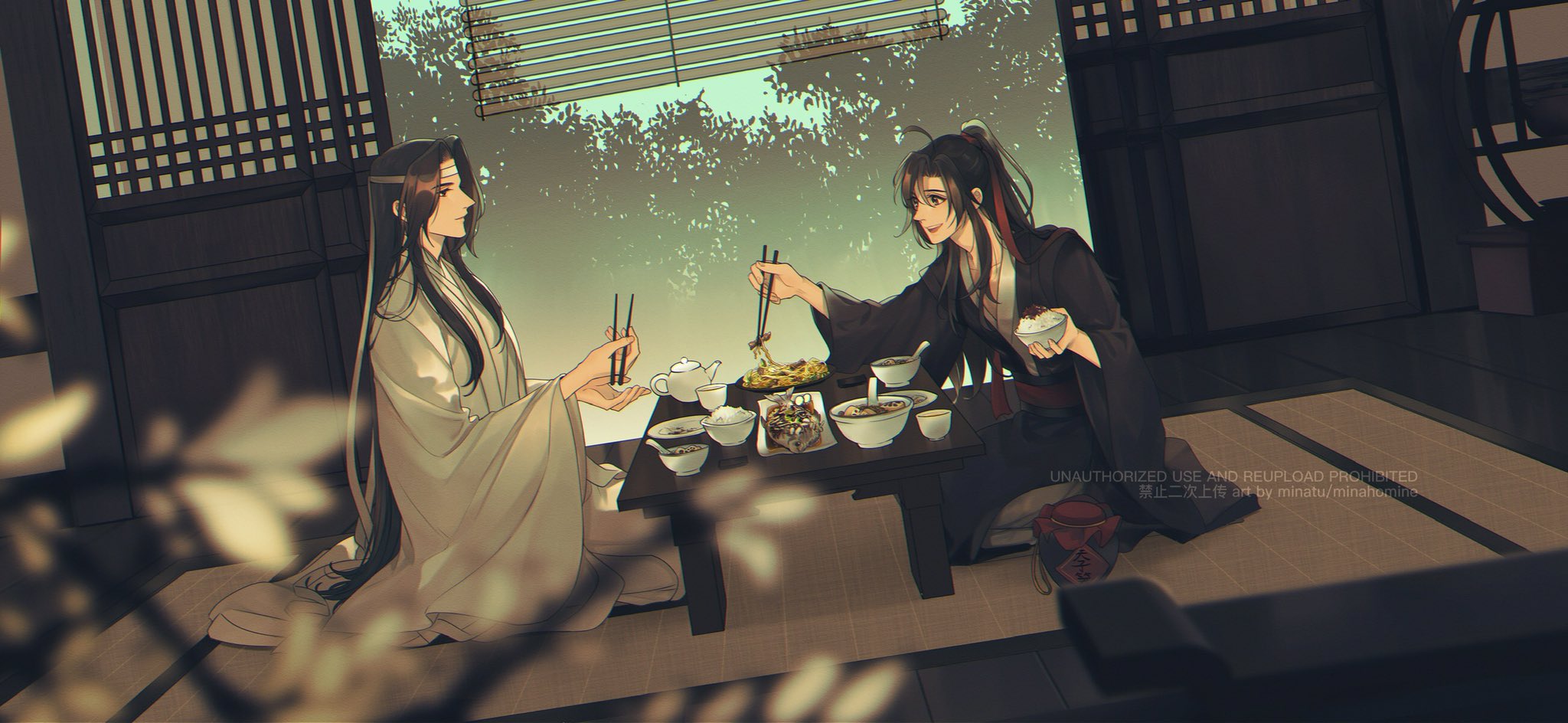 2boys ahoge artist_name black_eyes black_hair black_hanfu blurry blurry_foreground bowl branch chinese_clothes chopsticks closed_mouth commentary cup depth_of_field eating english_commentary food hair_ribbon hanfu headband highres holding holding_bowl holding_chopsticks implied_yaoi indoors jug_(bottle) lan_wangji leaf long_hair long_sleeves looking_at_another male_focus minataka94 modao_zushi multiple_boys open_mouth plant plate ponytail profile red_ribbon ribbon robe sash seiza sidelocks sitting sliding_doors smile table tatami teacup teapot tree very_long_hair watermark wei_wuxian white_hanfu white_headband wide_sleeves window_blinds