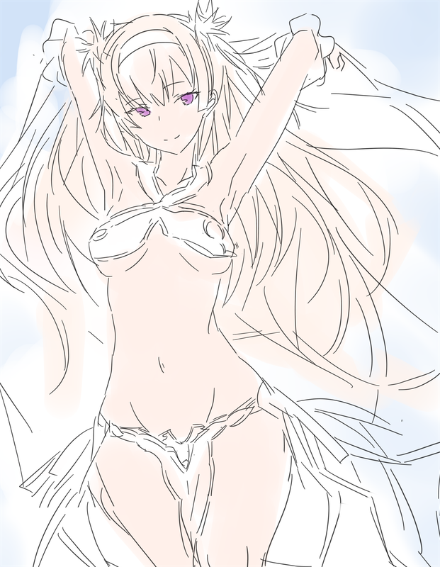 1girl altair_(sennen_sensou_aigis) armor armpits bikini_armor blonde_hair breasts groin hairband kawagishi_keitarou midriff navel purple_eyes sennen_sensou_aigis sketch underboob wagi